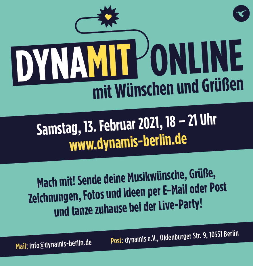 Flyer mit Schrift "DYNAMIT Online Samstag, 13. Februar, 18-21 Uhr